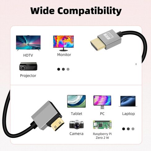 RIIEYOCA 4K Short Mini HDMI to HDMI Coiled Cable, 90 Degree Left Angle HDMI Male to Mini HDMI Male Cable,18Gbps High Speed HDMI 2.0 Support 4K@60Hz,Compatible with Cameras,Monitors (3FT/0.9M) in Kuwait