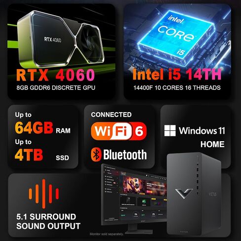 HP Newest Victus 15L RTX 4060 Tower Gaming Desktop, Intel i5-14400F (Beats Intel i7-13650HX), NVIDIA GeForce RTX 4060, 64GB RAM, 2TB SSD, Wi-Fi 6, W11H, Machenike Mechanical Gaming Keyboard Bundle in Saudi Arabia