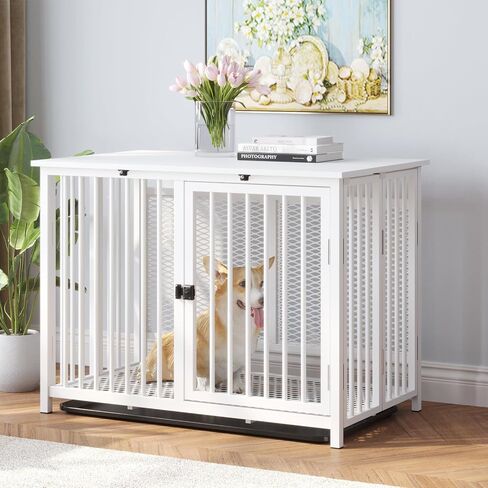 Heavy Duty Dog Crate Furniture, Fully Assembled exc. Locks, All Metal Frame & Wooden Tabletop, Modern Kennel for Small/Medium Dog, End Table, Sturdy, Foldable, White in Saudi Arabia