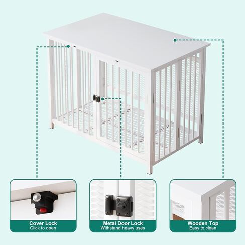 Heavy Duty Dog Crate Furniture, Fully Assembled exc. Locks, All Metal Frame & Wooden Tabletop, Modern Kennel for Small/Medium Dog, End Table, Sturdy, Foldable, White in Saudi Arabia