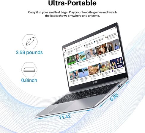acer Chromebook 315 Laptop 2024 Newest, 15.6" HD Display, Intel Celeron N4020(Up to 2.8GHz), 4GB RAM, 64GB eMMC, Intel UHD Graphics, 12.5H Long Battery Life, WiFi, Bluetooth, Chrome OS, Silver in Saudi Arabia