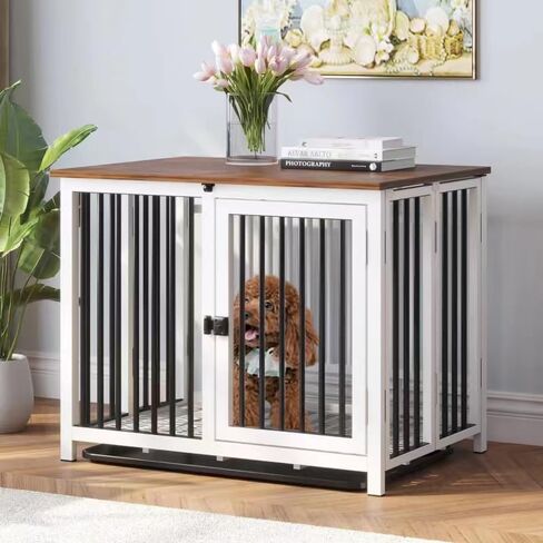 Heavy Duty Dog Crate Furniture, Fully Assembled exc. Locks, All Metal Frame & Wooden Tabletop, Modern Kennel for Small/Medium Dog, End Table, Sturdy, Foldable, White in Saudi Arabia