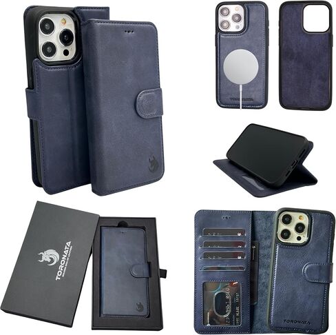Vegas Wallet Phone Case Compatible with iPhone 15 Pro Max 6.7in – Elegant Full-Grain Leather Phone Case Wallet – Card Holder Wallet RFID Blocking with Kickstand, Card Slots (Dark Blue) in Kuwait