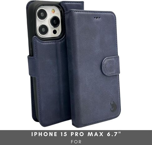 Vegas Wallet Phone Case Compatible with iPhone 15 Pro Max 6.7in – Elegant Full-Grain Leather Phone Case Wallet – Card Holder Wallet RFID Blocking with Kickstand, Card Slots (Dark Blue) in Kuwait