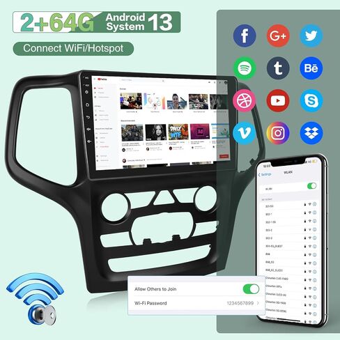 EKAT [2G+64G] Car Radio for Jeep Grand Cherokee 2014 2015 2016 2017 2018 2019 2020, 9 inch Touch Screen Android 13 Stereo, Carplay/Android Auto/HiFi Audio/SWC/Bluetooth/WiFi Hotspot in Saudi Arabia