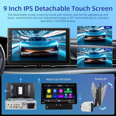 NHOPEEW Single Din Touch Screen Car Stereo with Wireless Carplay and Android Auto - 9 Inch Detachable IPS Screen Car Radio - Bluetooth/Mirror Link/SWC/FM + 12leds Backup Camera & Microphone in Saudi Arabia