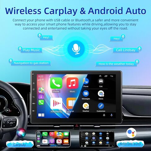NHOPEEW Single Din Touch Screen Car Stereo with Wireless Carplay and Android Auto - 9 Inch Detachable IPS Screen Car Radio - Bluetooth/Mirror Link/SWC/FM + 12leds Backup Camera & Microphone in Saudi Arabia