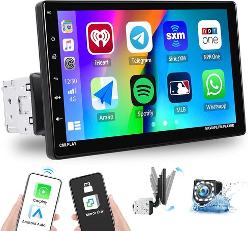 ستيريو سيارة أحادي الدين مع Apple Carplay وAndroid Auto اللاسلكي، راديو سيارة بشاشة لمس قابلة للدوران 9 بوصة مع وصلة مرآة FM بلوتوث لنظام iOS/Android AUX/USB/TF مشغل وسائط متعددة للسيارة + كاميرا احتياطية in Saudi Arabia
