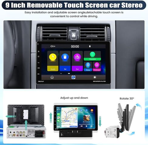 ستيريو سيارة أحادي الدين مع Apple Carplay وAndroid Auto اللاسلكي، راديو سيارة بشاشة لمس قابلة للدوران 9 بوصة مع وصلة مرآة FM بلوتوث لنظام iOS/Android AUX/USB/TF مشغل وسائط متعددة للسيارة + كاميرا احتياطية in Saudi Arabia