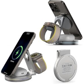 Foldable 360º Rotatable Aluminum Alloy 3-in-1 Magnetic Wireless Charger,3 in 1 Charging Station,Charging Stand,15W for iPhone 12-16,5W for Apple Watches, AirPods (Adapter Include) (White)