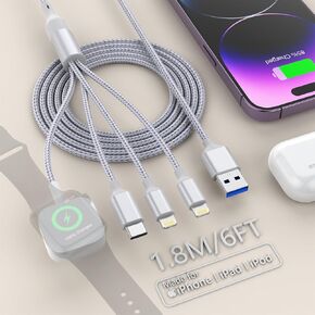 كابل شاحن 4 في 1 لساعة Apple وiPhone كابل شاحن متعدد عالمي iwatch شاحن مغناطيسي للساعة الذكية + سلك شحن مزدوج iPhone + USB C متوافق مع iWatch وiPhone وGalaxy وPixel - 6FT in Kuwait
