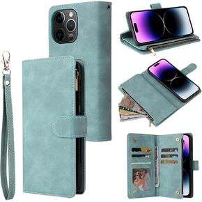 RANYOK Wallet Case Compatible with iPhone 14 Pro (6.1 inch), Premium PU Leather with RFID Blocking Card Slots Zipper Flip Folio Wallet Wrist Strap Magnetic Closure Kickstand Case (Blue)