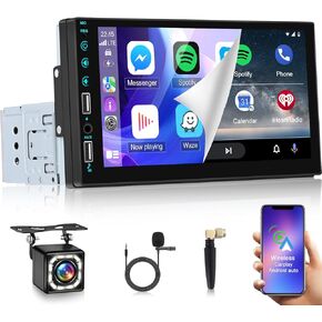 7 Inch Single Din Touchscreen Car Stereo - Wireless Carplay & Android Auto - 1 Din HD Touchscreen Car Radio - Voice Control, Bluetooth, Mirror Link, EQ, USB/AUX Port, SWC + 12LED Backup Camera