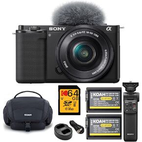 كاميرا Sony Alpha ZV-E10 APS-C بدون مرآة مع عدسة 16-50 مم (أسود) مع قبضة تصوير وحامل ثلاثي القوائم، وحقيبة حمل ناعمة، وبطاقة ذاكرة Ultra Pro، وبطارية قابلة لإعادة الشحن (عبوتان) وشاحن مزدوج in Kuwait