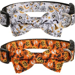 Halloween Dog Collar with Bow, 2 Pack Spooky Collar for Medium Dogs, Cute Pumpkin and Ghost Dog Collars for Boy Girl Dogs Halloween