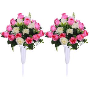 Set of 2 Artificial Cemetery Flowers with Vase,Grave Memorial Flowers,Artificial Rose Bouquet Decoration for Cemetery Headstones Gravesites (White Champagne, 2 Bouquets)