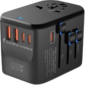 محول سفر عالمي من MINGTONG، محول قابس دولي GaN 65W، 3 PD USB-C و2 QC USB-A منافذ شحن سريعة، شاحن حائط محول طاقة عالمي للاتحاد الأوروبي والولايات المتحدة والمملكة المتحدة AUS 200+