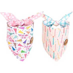 CROWNED BEAUTY Birthday Girl Dog Bandanas Reversible Large 2 Pack, Birthday Girl Set, Polka Dots Plaid Adjustable Triangle Holiday Pink Scarves for Medium Large Extra Large Dogs Pets DB154-L