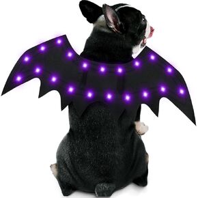 Malier Light Up Dog Halloween Costume, 20 LED Dog Bat Wings Halloween Cosplay Costume with Purple Lights Funny Halloween Clothes Thanksgiving Gifts for Dogs Puppy Cat