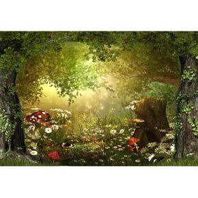 Laeacco Fairy Tale Forest Wonderland Backdrops for Photography Vinyl 20x10ft Green Trees Wildflowers Daisy Mushroom Scenery Photo Background Portrait Kid Boy Girl Photoshoot Studio Prop Party Decor