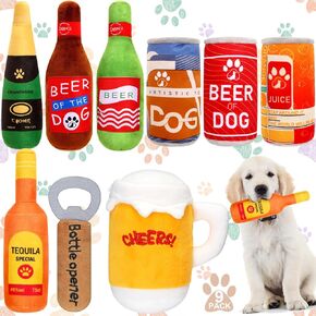 9 Pcs Beer Dog Squeaky Plush Toys Set Water Bottle Squeaky Toys Bulk Beer Dog Toys Interactive Funny Toys Puppy Teething Chewing with Squeaker for Small and Medium Pet Training Teeth