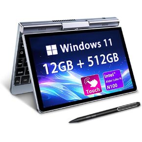 كمبيوتر محمول صغير الحجم مقاس 8 بوصات، كمبيوتر جيب دوار 2 في 1، نظام التشغيل Windows 11 Pro، معالج Intel N100 رباعي النواة، ذاكرة وصول عشوائي LPDDR5 سعة 12 جيجابايت، محرك أقراص SSD سعة 1 تيرابايت M.2، شاشة لمس عالية الدقة، شبكة WiFi 6، شبكة جيجابت إيثرنت in Kuwait