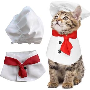 Dog Cat Chef Costume, 2 Pack Dog Halloween Costumes Chef Hat and Tie Collar Set, Pet Chef Uniform Clothes for Small Dogs Cats Puppy Kitten, Cosplay Halloween Party Cook Outfit (White, Small)