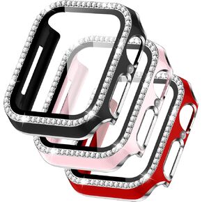 ALMNVO 3 Pack Case for Apple Watch Series 8/7 with Tempered Glass Screen Protector, Bling Crystal Diamond Protective Face Bumper Cases Cover for iWatch 41mm,Hard PC Cases,Black+Green+Midbnight