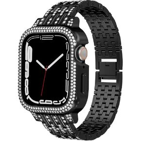 Bling Diamond Face Cover with Sparkle Metal Band Compatible With Apple Watch Series 9 8 7 Luxury Crystal Case Bezel Jewelry Strap Bracelet for iWatch (Gold, 45mm Series 9 8 7)