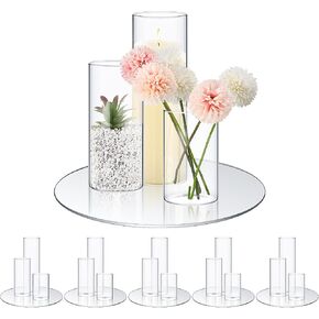6 Sets 10'' Round Glass Mirror Trays and Different Height Glass Cylinder Vases Wedding Table Flower Vase with Mirror Set Table Centerpiece Decoration for Wedding Decor Craft Baby Shower Party