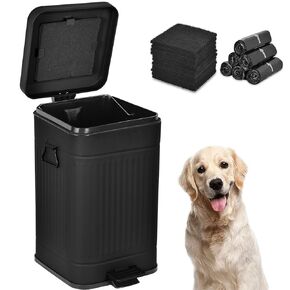 Dog Poop Trash Can with Lid for Outdoors，3.2 Gallon Trash Can with Activated Carbon Filter & Plastic Bags, Pet Waste Container，UP12L-BK-F+200BK