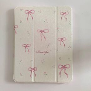 Adjustable Kickstand Mirror Leather Hard Folio Case for Apple Cream White Color Pink Bow Ribbon Beautiful Floral Cute Chic Adorable Lovely Girls Kids (for iPad 10 10.9-inch 10th Generation 2022)