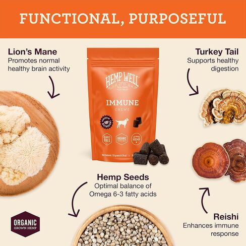 Hemp Well Immune + Allergy Support Dog Soft Chews with Functional Mushrooms and Hemp - 60 Count, Dog Allergy Relief, Itch Relief for Dogs - Dog Vitamins and Supplements for Digestive and Skin Support in Saudi Arabia