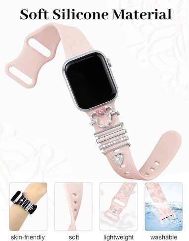 سوار JR.DM منقوش بالزهور متوافق مع سوار ساعة Apple 40 مم 41 مم 38 مم للنساء، أشرطة أنيقة من السيليكون الناعم وسحر ساعة Apple المزخرفة لسلسلة iWatch 9 8 7 6 5 4 3 2 1 SE (مع حزام) in Kuwait