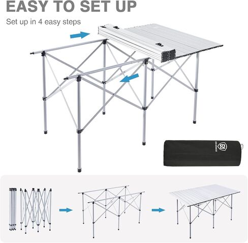 EVER ADVANCED Camping Table, Fold up Lightweight, 4-6 Person Portable Roll up Aluminum Table with Carry Bag for Outdoor, Support Up to 110LBS, Black in Saudi Arabia