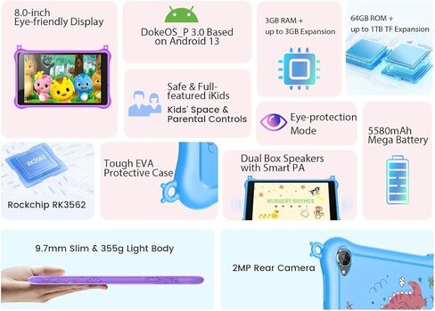 تابلت بلاك فيو للأطفال 8 بوصة، تابلت أندرويد للأطفال، مراقبة أبوية، مساحة لعب iKids، 64 جيجابايت + 6 جيجابايت/1024 جيجابايت قابلة للتوسيع، جهاز لوحي لحماية العين للأطفال من سن 3 إلى 12 عامًا، معالج رباعي النواة in Kuwait