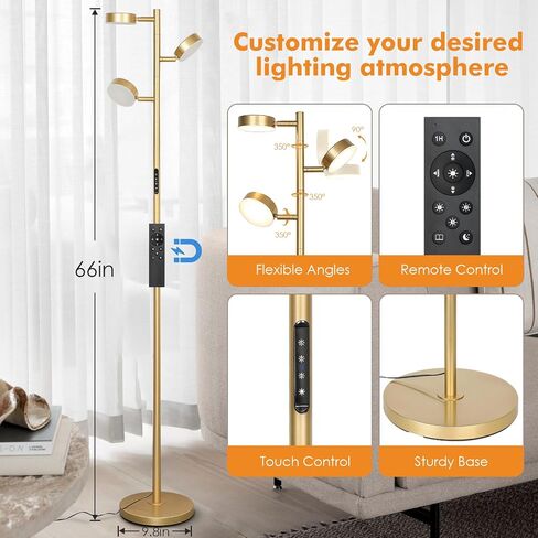 LED Tree Floor Lamp, Dimmable Modern Floor Lamp with Remote & Touch Control, 3 Rotatable Light Floor Lamps with Timer, 4 Color Temperatures, Tall Standing Lamp for Living Room, Bedroom, Office in Saudi Arabia