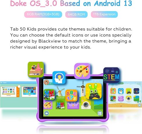تابلت بلاك فيو للأطفال 8 بوصة، تابلت أندرويد للأطفال، مراقبة أبوية، مساحة لعب iKids، 64 جيجابايت + 6 جيجابايت/1024 جيجابايت قابلة للتوسيع، جهاز لوحي لحماية العين للأطفال من سن 3 إلى 12 عامًا، معالج رباعي النواة in Kuwait