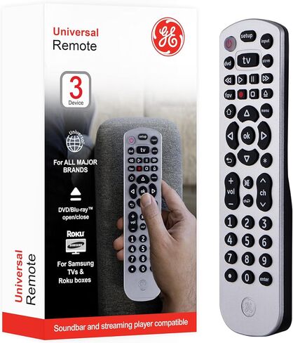 GE Universal Remote Control for Samsung, Vizio, LG, Sony, Sharp, Roku, Apple TV, RCA, Panasonic, Smart TVs, Streaming Players, Blu-ray, DVD, 3-Device, Black, 34456 in Saudi Arabia