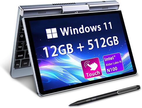 كمبيوتر محمول صغير الحجم مقاس 8 بوصات، كمبيوتر جيب دوار 2 في 1، نظام التشغيل Windows 11 Pro، معالج Intel N100 رباعي النواة، ذاكرة وصول عشوائي LPDDR5 سعة 12 جيجابايت، محرك أقراص SSD سعة 1 تيرابايت M.2، شاشة لمس عالية الدقة، شبكة WiFi 6، شبكة جيجابت إيثرنت in Kuwait