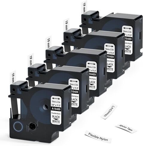 18488 أشرطة ملصقات من النايلون المرن 1/2 بوصة بديلة لصانعي الملصقات DYMO Rhino 4200 5000 5200 6000، أشرطة ملصقات صناعية لكابل النايلون المرن a18488، أسود على أبيض، 12 مم × 3.5 م 5 عبوات in Kuwait