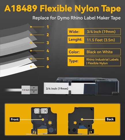 18488 أشرطة ملصقات من النايلون المرن 1/2 بوصة بديلة لصانعي الملصقات DYMO Rhino 4200 5000 5200 6000، أشرطة ملصقات صناعية لكابل النايلون المرن a18488، أسود على أبيض، 12 مم × 3.5 م 5 عبوات in Kuwait