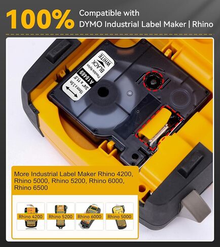 18488 أشرطة ملصقات من النايلون المرن 1/2 بوصة بديلة لصانعي الملصقات DYMO Rhino 4200 5000 5200 6000، أشرطة ملصقات صناعية لكابل النايلون المرن a18488، أسود على أبيض، 12 مم × 3.5 م 5 عبوات in Kuwait