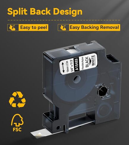 18488 أشرطة ملصقات من النايلون المرن 1/2 بوصة بديلة لصانعي الملصقات DYMO Rhino 4200 5000 5200 6000، أشرطة ملصقات صناعية لكابل النايلون المرن a18488، أسود على أبيض، 12 مم × 3.5 م 5 عبوات in Kuwait
