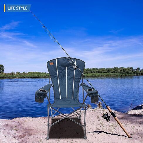 كرسي تخييم محمول قابل للطي من HIGHBACK Adirondack، وسادة مدمجة. حامل كوبين، جيب شبكي إضافي للتخزين (أسود) in Saudi Arabia