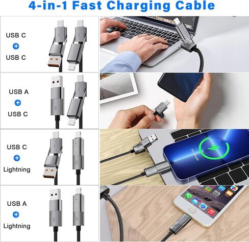 2Pack 4 in 1 USB C Cable for Lightning Cable, 60W Dual USB C Cable 6FT Flat Braided Fast Charging Cord with Lightning/Type C/USB A Multi Ports for iPhone 15 14 Pro Max Plus/i-Pad/Samsung/MacBook in Saudi Arabia