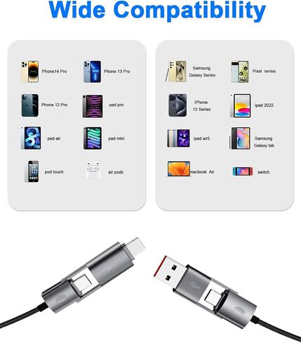 2Pack 4 in 1 USB C Cable for Lightning Cable, 60W Dual USB C Cable 6FT Flat Braided Fast Charging Cord with Lightning/Type C/USB A Multi Ports for iPhone 15 14 Pro Max Plus/i-Pad/Samsung/MacBook in Saudi Arabia