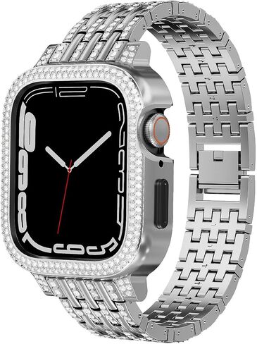 Bling Diamond Face Cover with Sparkle Metal Band Compatible With Apple Watch Series 9 8 7 Luxury Crystal Case Bezel Jewelry Strap Bracelet for iWatch (Gold, 45mm Series 9 8 7) in Kuwait