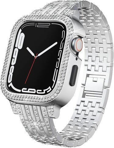 Bling Diamond Face Cover with Sparkle Metal Band Compatible With Apple Watch Series 9 8 7 Luxury Crystal Case Bezel Jewelry Strap Bracelet for iWatch (Gold, 45mm Series 9 8 7) in Kuwait