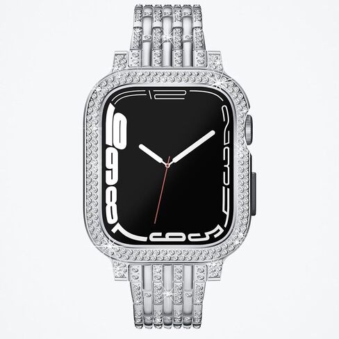 Bling Diamond Face Cover with Sparkle Metal Band Compatible With Apple Watch Series 9 8 7 Luxury Crystal Case Bezel Jewelry Strap Bracelet for iWatch (Gold, 45mm Series 9 8 7) in Kuwait